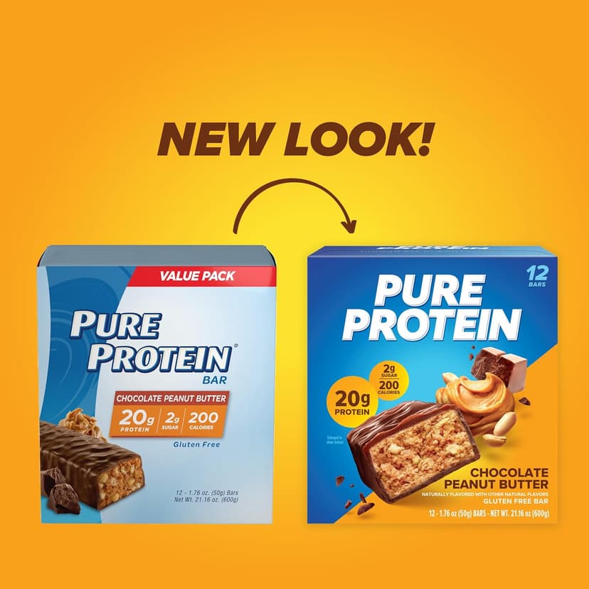 Pure Protein Chocolate Peanut Butter Protein Bars – 20g Protein, 3g Sugar, 190 Calories (12 count) Low Sugar* High Protein Snack - Gluten Free - Perfect for a Healthy Snack