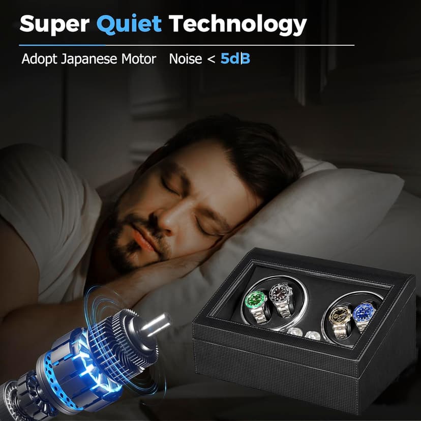 ANWBROAD ANWBROAD Watch Winder for Automatic Watches 4 Watch Rotator and 6 Extra Storages with Super Quiet Motor and LED Backlight Turner Carbon Fiber Shaker 5 Rotating Modes USB UJWW002F