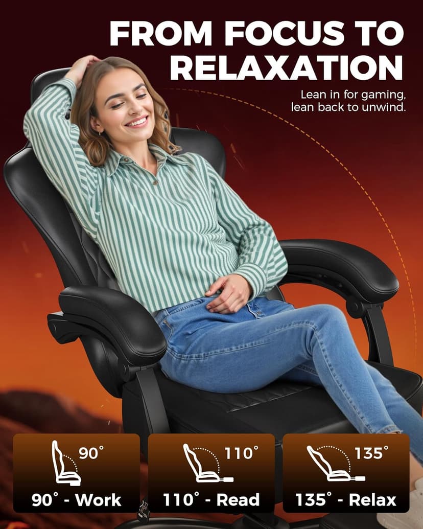 GTPLAYER Big and Tall Gaming Chair with Footrest, Ergonomic Office Desk Chair with 4.4in Thick Cushion and Wide Wingless Seat, Comfortable Leather Computer Chair, Predator Series, Black