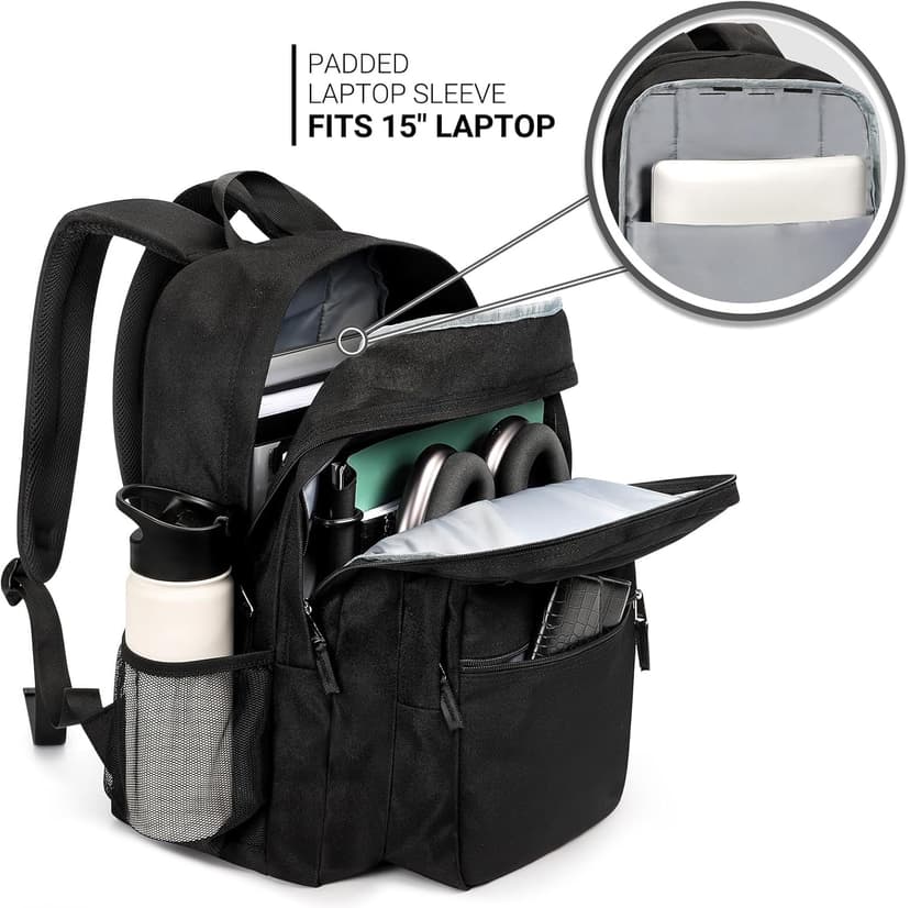 ZORFIN 26L Black Backpack for College, and Travel: Water Resistant Bookbag