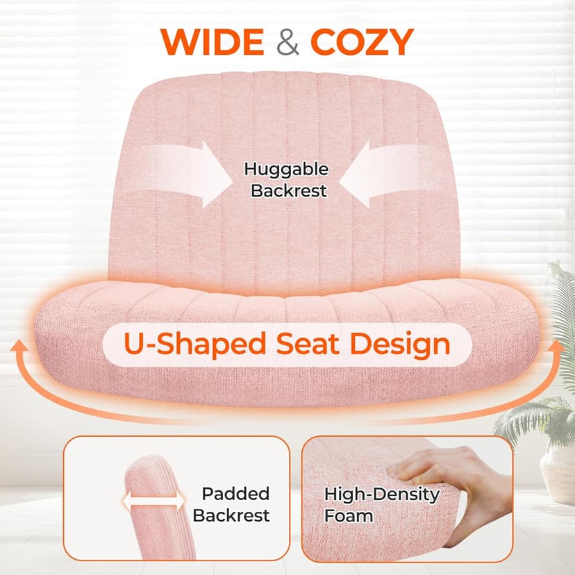 Orange Factory Criss Cross Chair Wheels Wide Cross Legged Office Desk Vanity Chair Comfy Fabric Armless Adjustable Swivel for Home Computer Task (Pink)