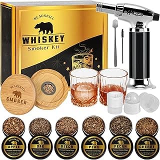 Whiskey Smoker Kit with Torch - 6 Natural Wood Chips Flavors, 2 Glasses, 2 Ice Molds - Cocktail Smoker Infuser Kit, Old Fashioned Smoker Kit, Birthday Bourbon Whiskey Gifts for Men, Dad(No Butane)