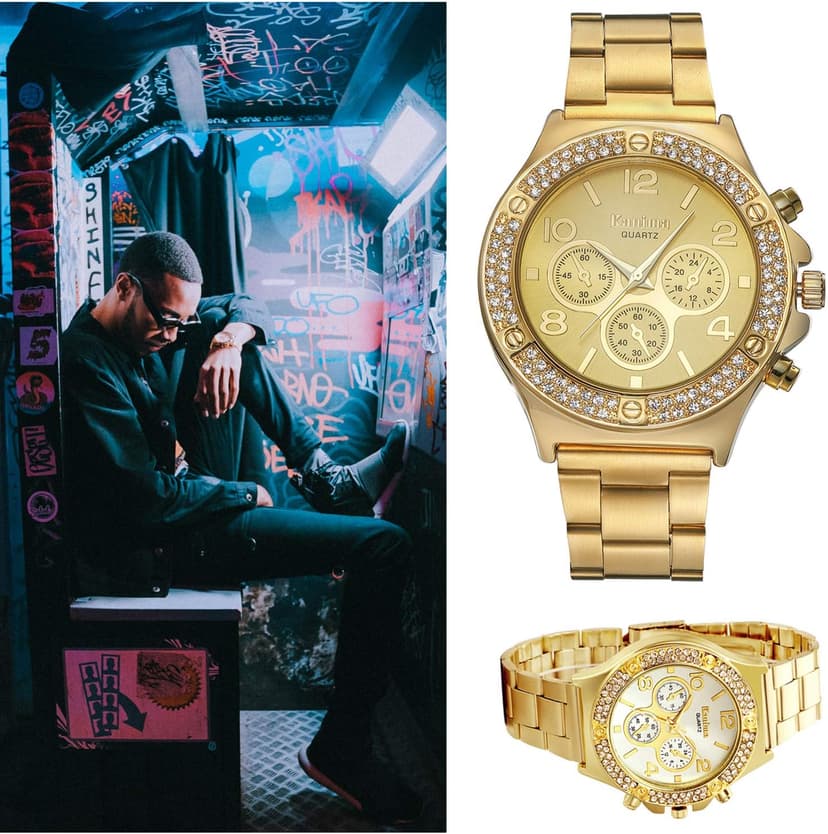 Lancardo Gold Hip-Hop Watch for Men [Upgraded] Japan Quartz 3ATM Waterproof Dress Casual Watch