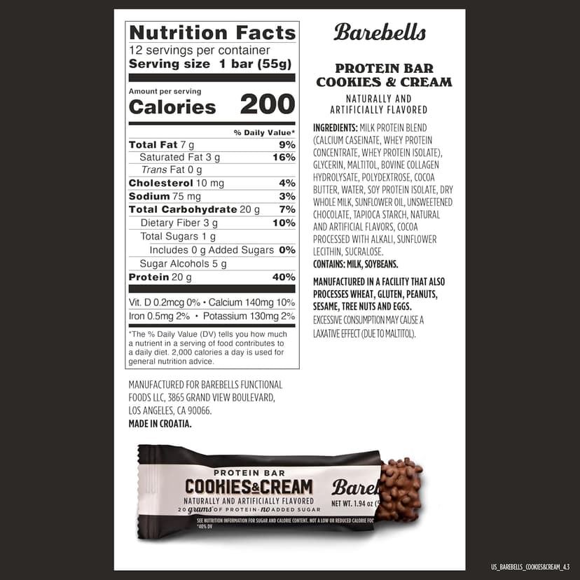 Barebells Protein Bars Cookies & Cream - 12 Count, 20g High Protein Treats - Chocolate Nutrition Bar with 1g Total Sugars - On-The-Go Breakfast or Post-Workout Snack