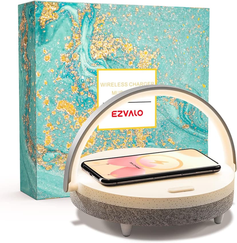 EZVALO Gift for Her, Music Table Lamp with Wireless Charger, 4 in 1 Touch Bedside Lamp, Portable Bluetooth Speaker, Phone Holder, Dimmable LED Night Lights Birthday Gifts for Women, Men, Dad, Mom