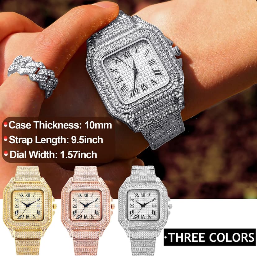 Apzzic Diamond Iced Out Watch CZ Gold Plated 40mm Width Roman Numerals Dial Quartz Wristband Watch for Men Women