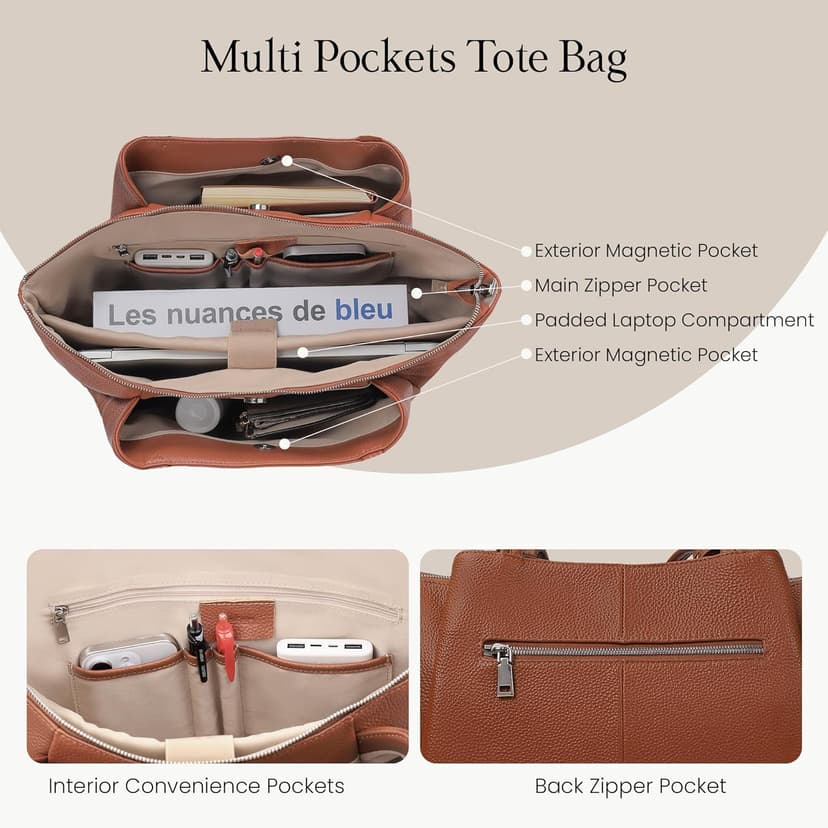 befen Genuine Leather Tote Bag for Women Work, Womens Laptop Tote Bags Shoulder Purses Totes with Compartments Handbags