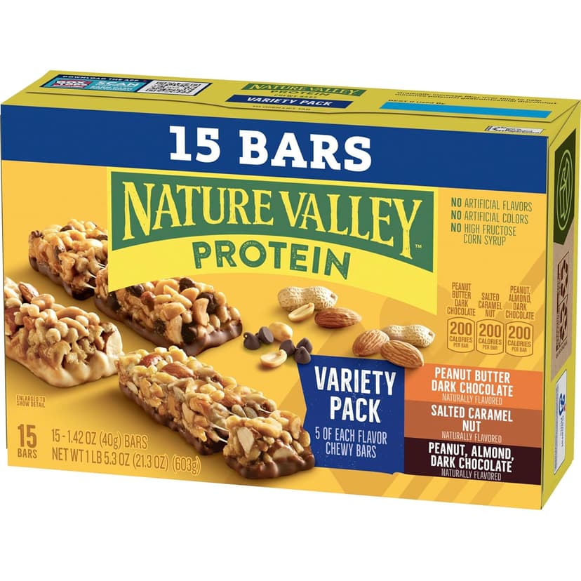 Nature Valley Protein Bars Variety Pack, Gluten Free Chewy Granola Snack Bars, 10g Protein, Peanut Butter Dark Chocolate, Salted Caramel Nut, Peanut Almond Dark Chocolate, 15 Count, 21.3 oz Box