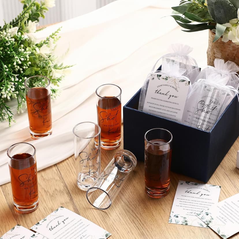 Sliner 50 Set Wedding Favors for Guests Bulk 2oz Acrylic Take a Shot We Tied the Knot Shot Glasses with Thank You Cards Organza Bags for Guest Souvenirs Wedding Gifts Newlyweds Bridal Shower Party