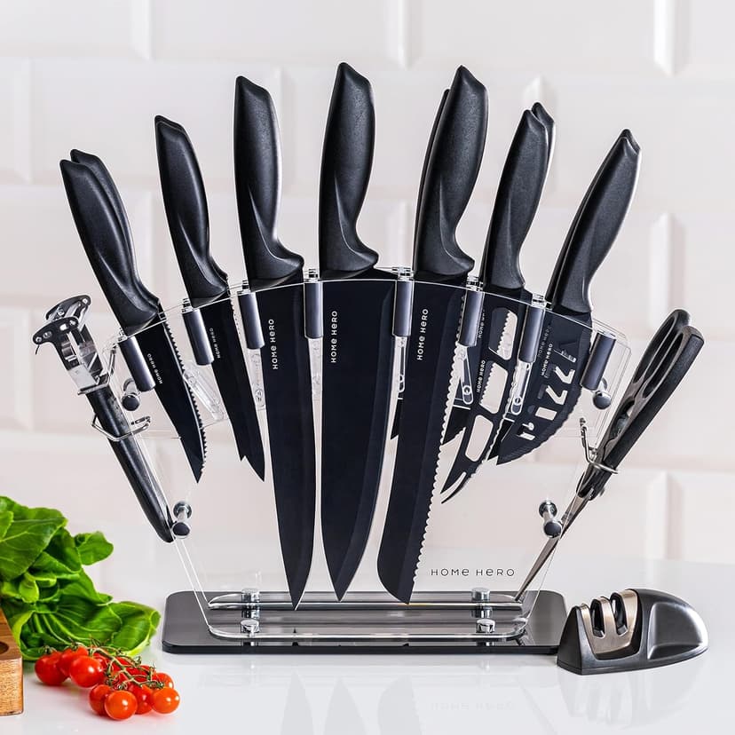 Home Hero Kitchen Knife Set with Sharpener - High Carbon Stainless Steel Knife Block Set with Ergonomic Handles (20 Pcs - Black)