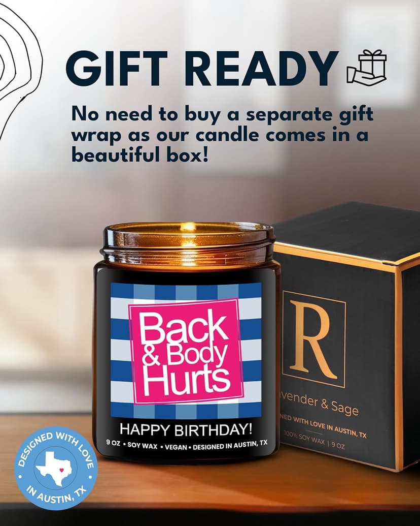 Funny Happy Birthday Candle, Unique Happy Birthday Gifts for Women and Men, Fun Gift Ideas for 30th, 40th, 50th and 60th Birthdays, Back and Body Hurts Candle, Long-Lasting Scent, Gift-Ready