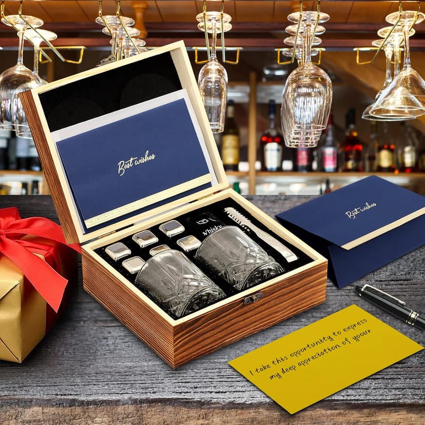 Whiskey Set Gifts for Men, DIOXADOP 6 Stainless Steel Whisky Stones 2 Crystal Whisky Glasses 1 Blessing Card in a Exquisite Wooden Box, Prepare a Gift for Whiskey Scotch Bourbon Lover