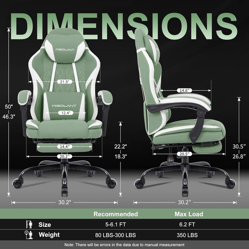Misolant Gaming Chair, Fabric Gamer Chair with footrest for Adults, High Back Ergonomic Computer Game Chair with Adjustable Headrest and Massage Lumbar Support, 90-155° Recline Free, Green