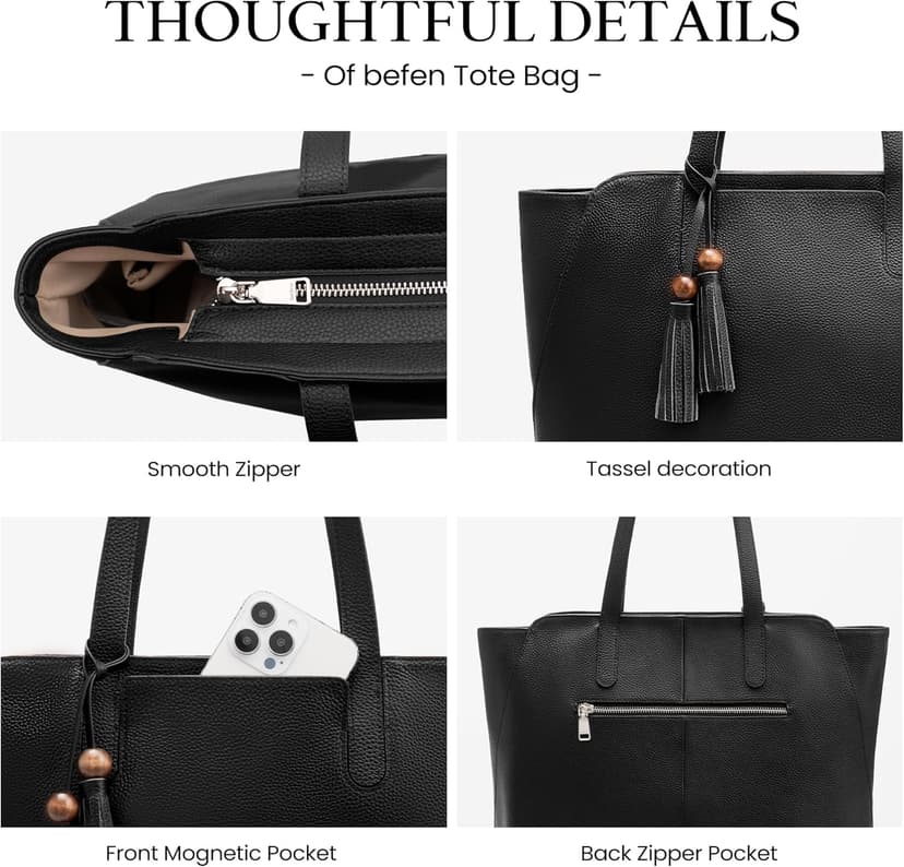 befen Genuine Leather Tote Bag for Women Work, Women's Tote Handbags Shoulder Satchel Purse with Compartments and Tassel