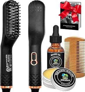 Beard Straightener w/Beard Oil & Balm & Guide E-Book,Upgraded 3 in 1 Hair Straightener Brush Beard Straightening Comb,Unique Stocking Stuffers Gifts for Men Him Dad Husband Birthday Christmas Gifts