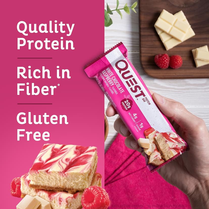 Quest Nutrition White Chocolate Raspberry Protein Bars, 20g Protein, 1g Sugar, 5g Net Carb, High Fiber, Gluten Free, Keto Friendly, 12 Count