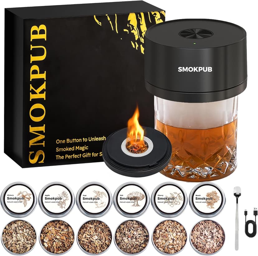 Electric Whiskey Smoker Kit Built-in Lighter, No Butane Needed, Rechargeable Cocktail Smoker Kit with 6 Wood Chips, Old Fashioned Drink Smoker Kit, Bourbon Whiskey Gifts for Men,Dad,Husband