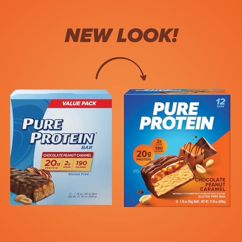 Pure Protein Chocolate Peanut Caramel Protein Bars – 20g Protein, 3g Sugar, 190 Calories (12 count) Low Sugar* High Protein Snack - Gluten Free - Perfect for a Healthy Snack