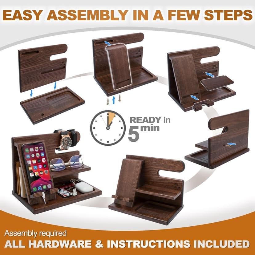 TESLYAR Wood Phone Docking Station for Men - Desktop or Nightstand Organizer - Birthday Gifts for Men, Dad - Anniversary Idea from Wife - Key Holder, Stand Wallet, Watch & Essentials (Bourbon Brown)