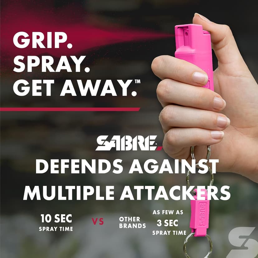 SABRE 3-in-1 Defense Spray – Pepper Spray, Tear Gas & UV Dye, Quick Release Keychain for Easy Carry, Finger Grip for Aim, 3X Longer Spray Time (Up to 10 Seconds), Max Police Strength, 0.54 fl oz