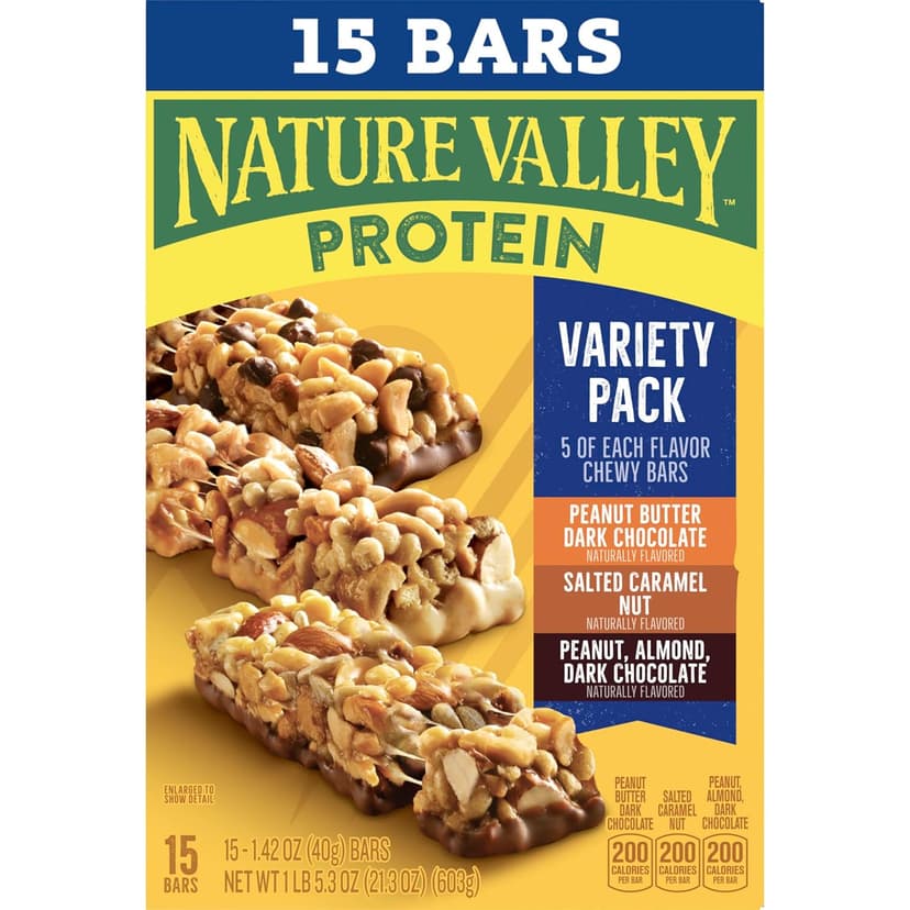 Nature Valley Protein Bars Variety Pack, Gluten Free Chewy Granola Snack Bars, 10g Protein, Peanut Butter Dark Chocolate, Salted Caramel Nut, Peanut Almond Dark Chocolate, 15 Count, 21.3 oz Box