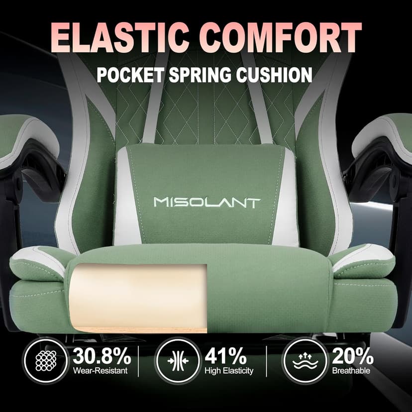Misolant Gaming Chair, Fabric Gamer Chair with footrest for Adults, High Back Ergonomic Computer Game Chair with Adjustable Headrest and Massage Lumbar Support, 90-155° Recline Free, Green