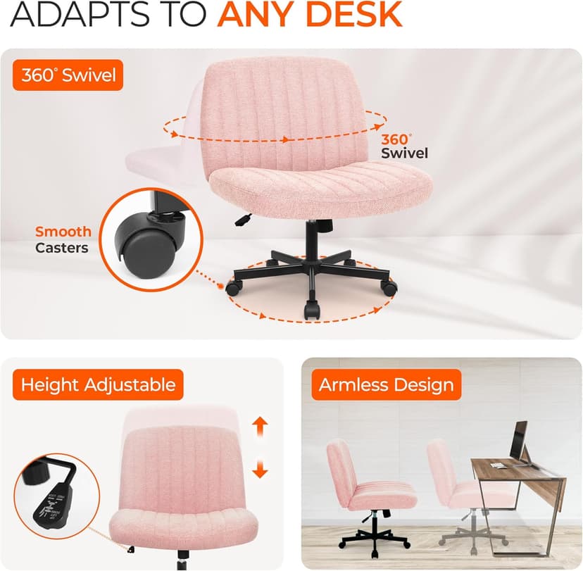 Orange Factory Criss Cross Chair Wheels Wide Cross Legged Office Desk Vanity Chair Comfy Fabric Armless Adjustable Swivel for Home Computer Task (Pink)