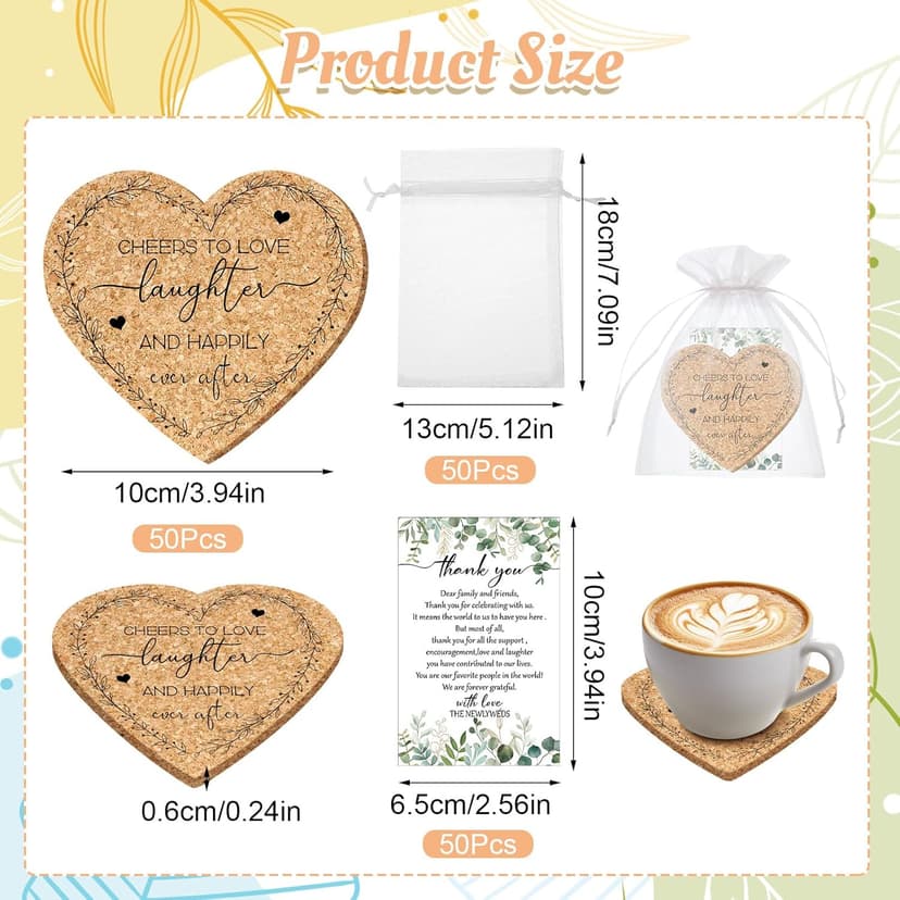 50 Set Wedding Favors Cork Coasters for Guest Heart Shaped Coasters Souvenirs Thank You Cards and Organza Bags Wedding Gifts Bridal Shower Favors for Souvenirs Non-Slip Heat-Resistant Coasters