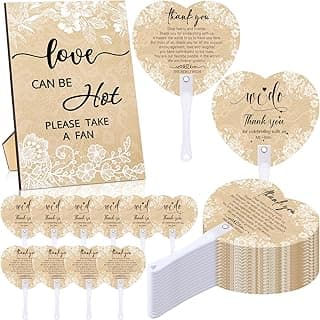 Roowest 101 Pcs Wedding Fans Gifts for Guests 100 Pcs Wedding Hand Plastic Fans and a Table Sign for Bridal Shower Party Favor Appreciation(Wood,Retro Lace)