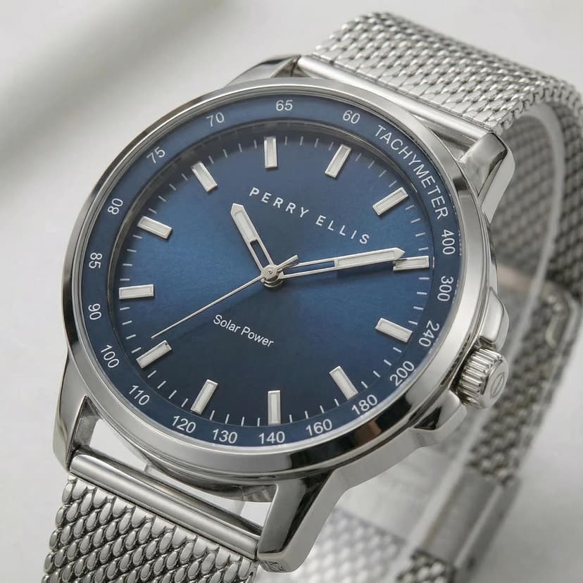 Perry Ellis Solar Powered Mens Watch | Steel Mesh Band | Water-Resistant Analog Wrist Watches for Men | 43mm Case | Aluminum Tachymeter Bezel | Elegant Gift for Man