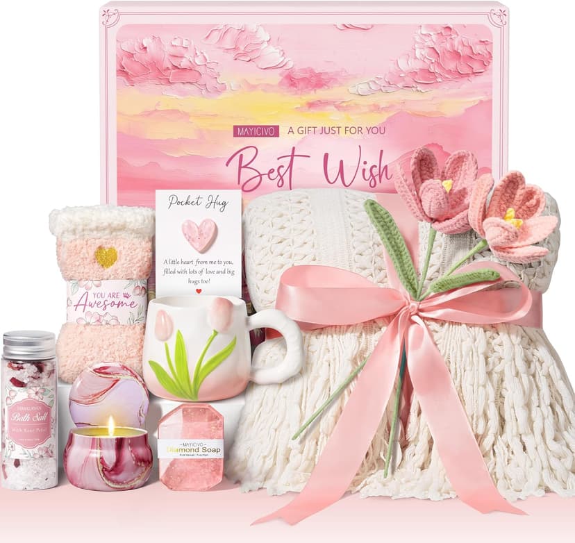 Birthday Gifts for Women Self Care Set Get Well Soon Gift Baskets, Relaxing Rose Spa Gift Basket Care Package for Women, Unique Xmas Gifts for Mom Her Girlfriend Sister Best Friend Wife Grandma