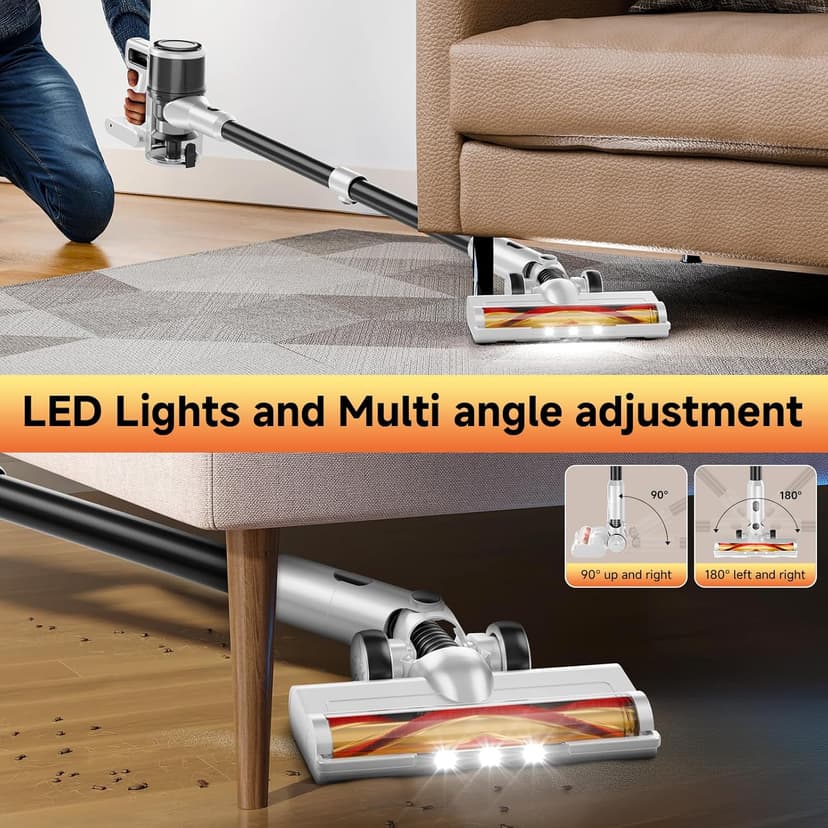 BSNAW Cordless Vacuum Cleaner for Home - Lightweight, Stick Vacuum Clean with Rechargeable Battery, Max 45Mins Runtime, 8 in 1 Handheld Vacuum for Hardfloor & Carpets Pet Hair, White&Yellow