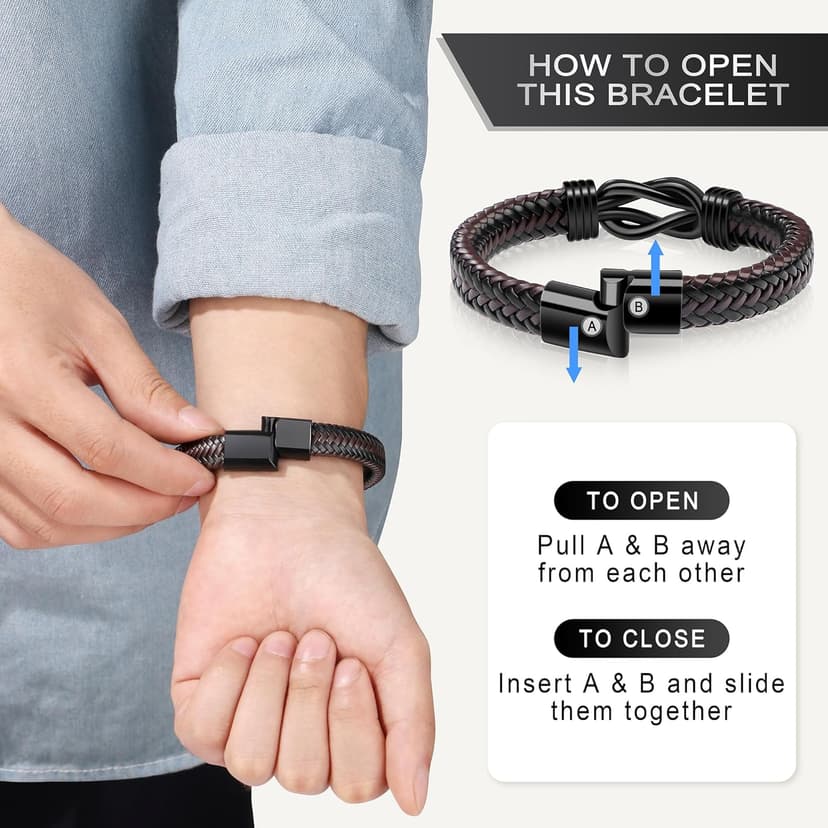 𝗞𝗻𝗼𝘁 𝗕𝗿𝗮𝗰𝗲𝗹𝗲𝘁 𝗚𝗶𝗳𝘁𝘀 𝗳𝗼𝗿 𝗠𝗲𝗻 Brown Braided Leather Stainless Steel Infinity Bracelets Lettering Love You Forever Gifts for Son Grandson Husband Boyfriend Brother Always Linked Together