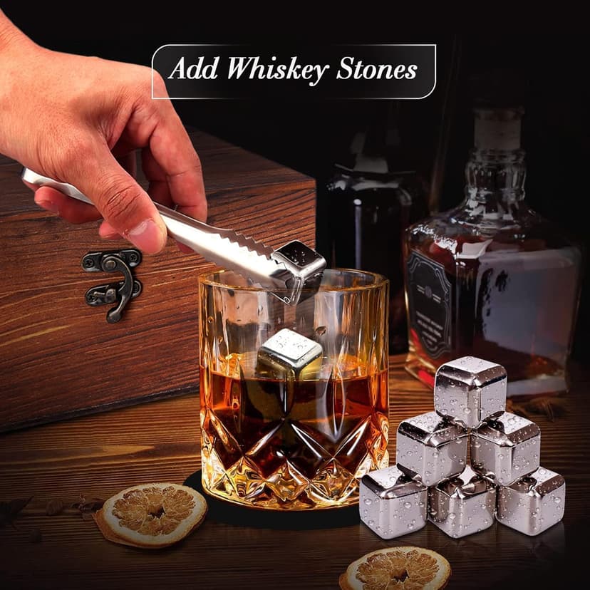 Whiskey Set Gifts for Men, DIOXADOP 6 Stainless Steel Whisky Stones 2 Crystal Whisky Glasses 1 Blessing Card in a Exquisite Wooden Box, Prepare a Gift for Whiskey Scotch Bourbon Lover