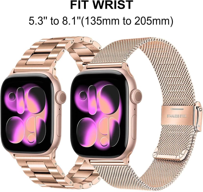 TRUMiRR Band Sets for Apple Watch 11 10 42mm / 9 8 7 41mm Rose Gold Women, 2 Pack Solid Stainless Steel Watchband + Mesh Strap for iWatch SE 3 2 Series 6 5 4 3 2 1 40mm 38mm