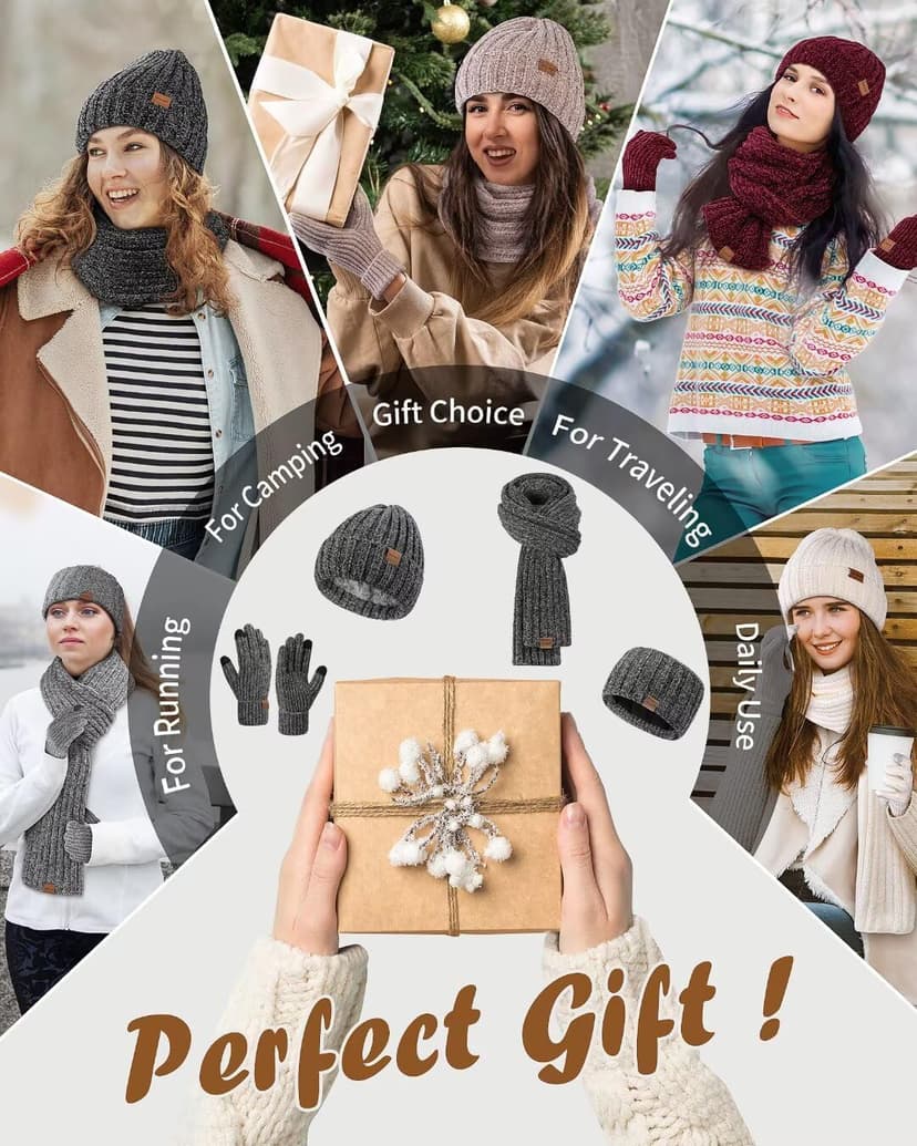 Women Beanie Scarf Gloves Headband Set, Chenille Winter Hats Fleece Lined Ear Warmer Knit Scarf Touchscreen Gloves 4 Gift Set