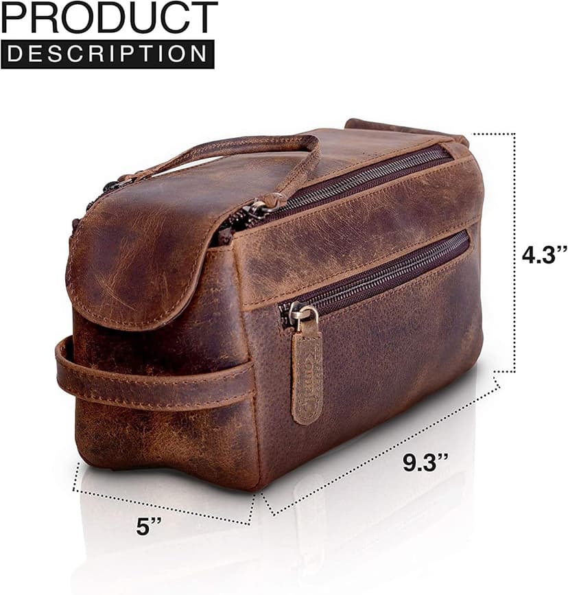 KomalC Premium Buffalo Leather Toiletry Bag for Men & Women – Leather Dopp Kit With Water resistant Lining, Premium Toiletry Travel Pouch, Unisex Wash Bag for Toiletries, Gifts for Men and Women