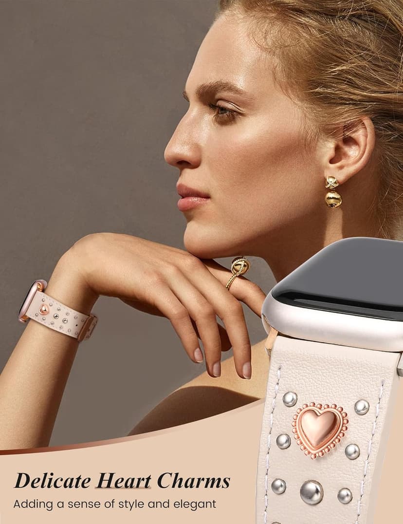 Wearlizer Leather Band Compatible with Apple Watch Bands Women 42/46/38/40/41/44/45/49mm, Dressy Fancy Designer Pretty Heart Charms Studded Strap for iWatch Series 11 10 9 8 7 6 5 4 SE/Ultra 3 2 1