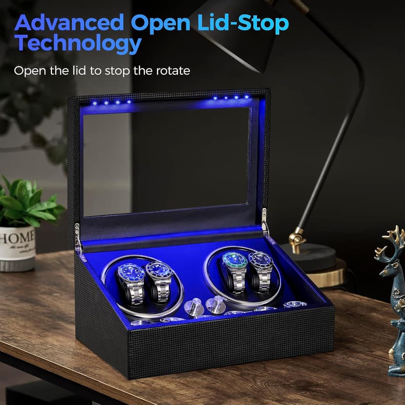 ANWBROAD ANWBROAD Watch Winder for Automatic Watches 4 Watch Rotator and 6 Extra Storages with Super Quiet Motor and LED Backlight Turner Carbon Fiber Shaker 5 Rotating Modes USB UJWW002F
