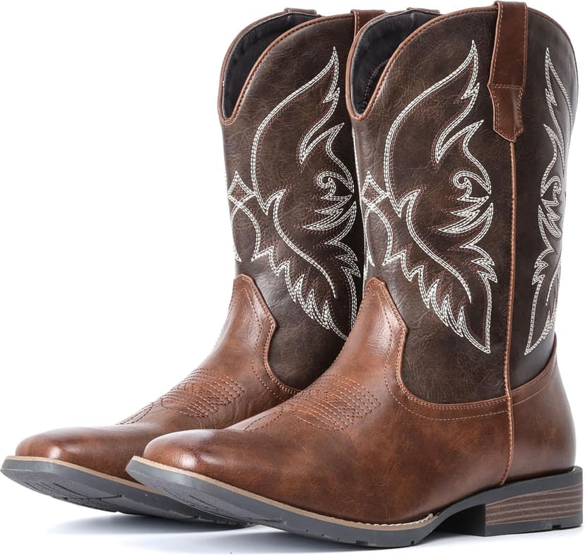 IUV Cowboy Boots For Men Square Toe Western Boot Durable Retro Classic Embroidered Pull On Boot Slip Resistant Country Boots