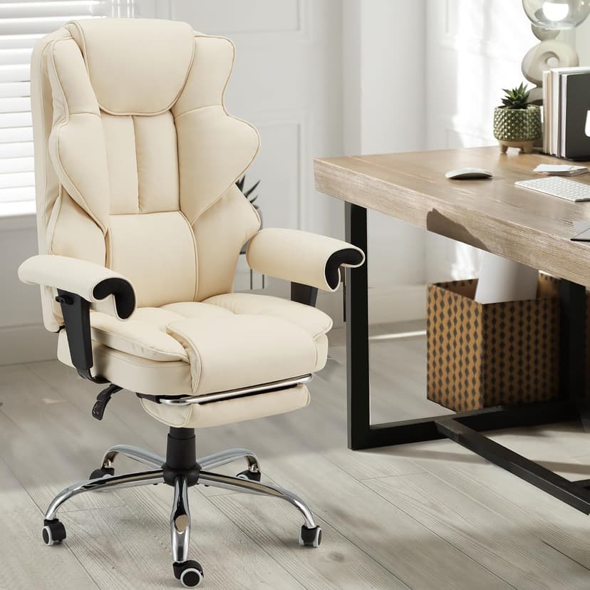 HOMREST 6-Point Massage Executive Chair,Heat Office Chair,Ergonomic Home Office Desk Chairs with Retractable Footrest and Reclining Function,Leather Computer Chair with Adjustable Armrest(‌Off White)