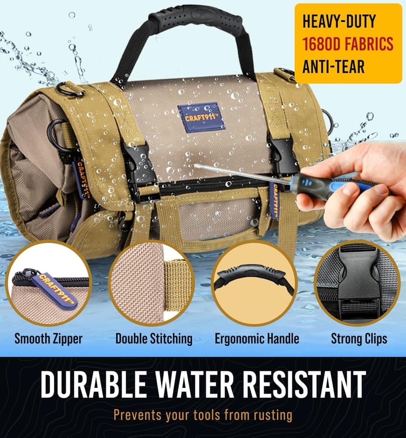 TOUGHEST Roll Up Tool Bag Organizer - 7 Pouches (3 Detachable) Compact Portable Tool Storage Box - 1680D Waterproof Small Tool Bag for Car - Gifts for Dad Mechanic Electrician