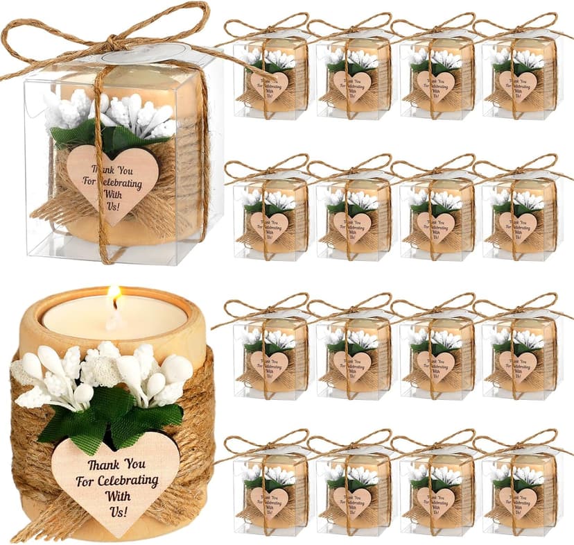 MTLEE 16 Pack Wooden Tealight Candle Holders Kit Guest Gifts for Wedding Baby Shower Bridal Shower Baptism Christening Housewarming Party Handmade Thank You Candle with Card Box Rope(Classic)