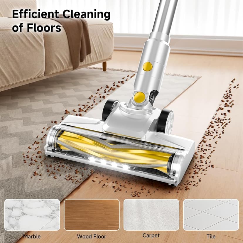 Cordless Vacuum Cleaner, 35Kpa Vacuum Cleaner for Home, 45Mins Stick Vacuum with LED Display, Anti-Tangle & Wall Mount Charging, 6 in 1 Lightweight Vacuum for Hard Floors, Carpet, Pet Hair (yellow)