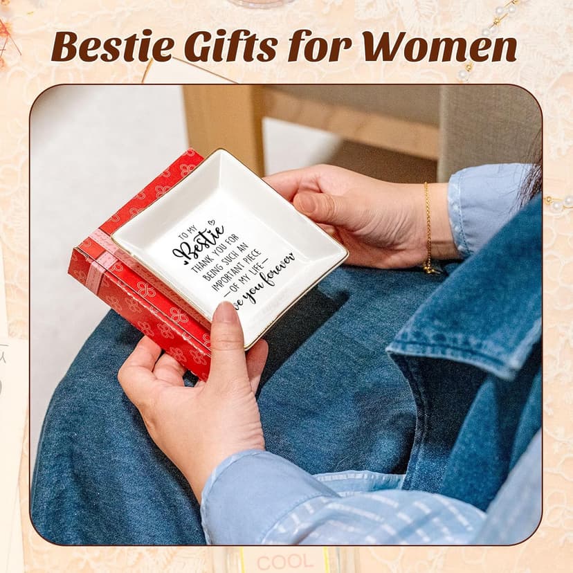 PUDDING CABIN Bestie Gifts for Women Thank you for being such an important piece of my life Ceramic Jewelry Dish for Rings Earrings, Friend Birthday Gifts for Women Female Bff Soul Sister Work Bestie