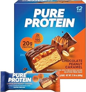 Pure Protein Chocolate Peanut Caramel Protein Bars – 20g Protein, 3g Sugar, 190 Calories (12 count) Low Sugar* High Protein Snack - Gluten Free - Perfect for a Healthy Snack