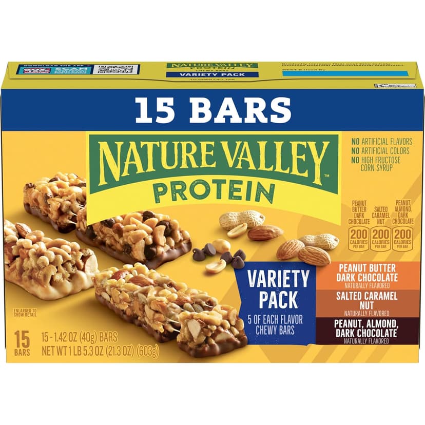 Nature Valley Protein Bars Variety Pack, Gluten Free Chewy Granola Snack Bars, 10g Protein, Peanut Butter Dark Chocolate, Salted Caramel Nut, Peanut Almond Dark Chocolate, 15 Count, 21.3 oz Box