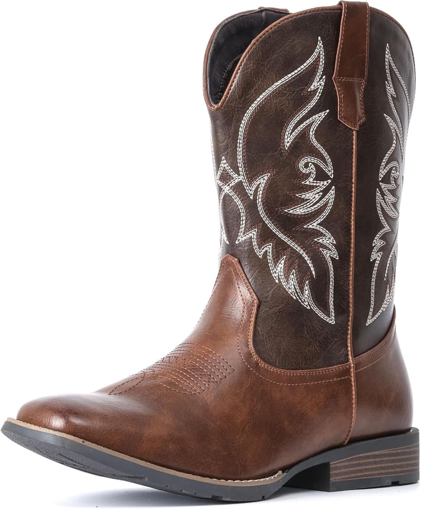 IUV Cowboy Boots For Men Square Toe Western Boot Durable Retro Classic Embroidered Pull On Boot Slip Resistant Country Boots