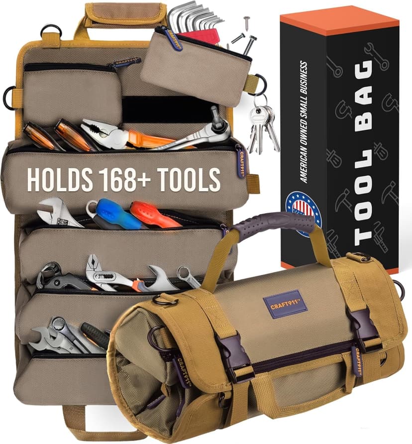 TOUGHEST Roll Up Tool Bag Organizer - 7 Pouches (3 Detachable) Compact Portable Tool Storage Box - 1680D Waterproof Small Tool Bag for Car - Gifts for Dad Mechanic Electrician