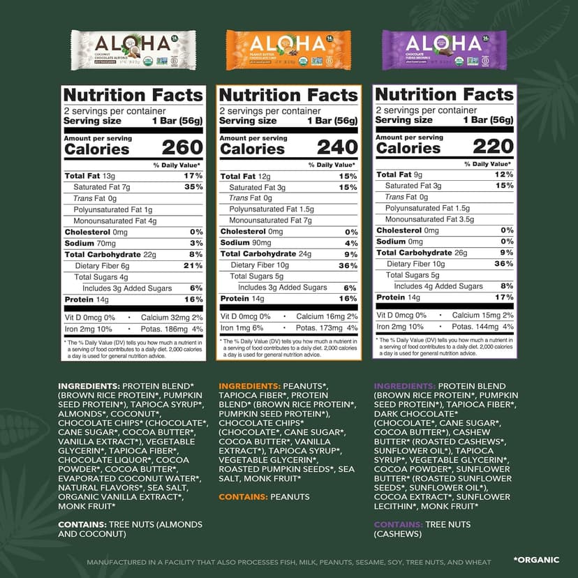 ALOHA Organic Plant Based Protein Bars - 6 Flavor Variety Pack - 12 Count, 1.9oz Bars - Vegan Snacks, Low Sugar, Gluten-Free, Low Carb, Paleo, Non-GMO, Stevia-Free, No Sugar Alcohol Sweeteners